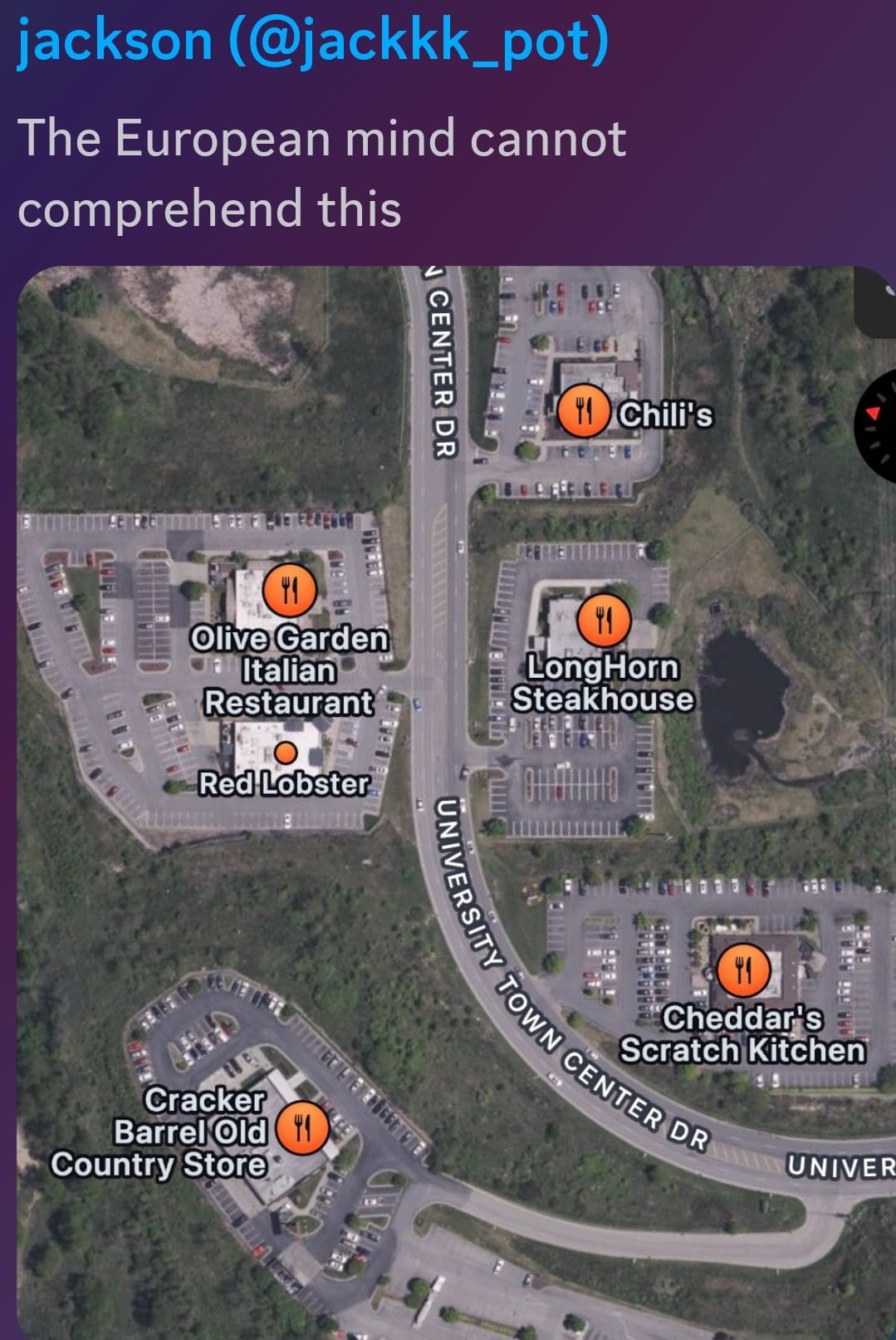 The meme is a satirical image of a map of a US town's shopping area, with several popular restaurants and stores marked with orange icons. The text at the top reads, "The European mind cannot comprehend this." The image is meant to be humorous, implying that the diversity of American food and food-places is so vast and complex that it would be too much for someone from Europe to understand. The image is likely meant to be ironic or satirical, rather than a serious commentary on the differences between European and American cultures.